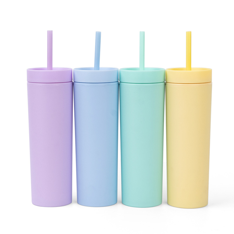 Factory Custom Logo Multi Color 16oz Double Wall Plastic Tumblers Reusable Skinny Tumbler Cup with straw and Lid