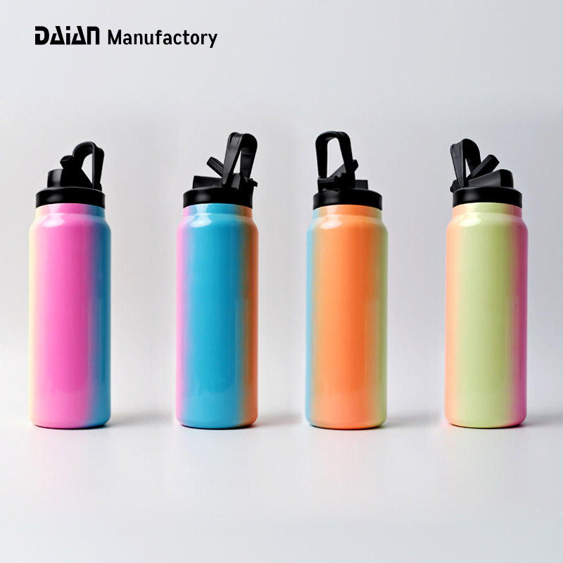 Luxury 32oz Colorful Gradient Stainless Steel Vacuum Flask Gym Sport Water Bottle With Straw Lid Applicable To Dishwashers
